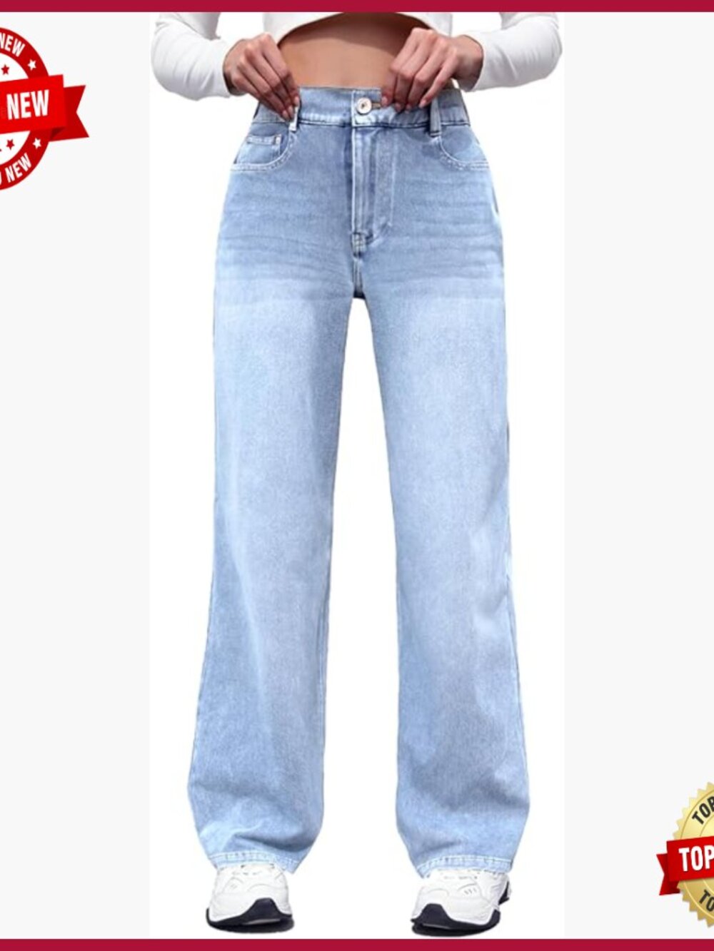 High Waisted Wide Leg Pull On Jeans, Stretchy Knit Denim, Elastic Waist